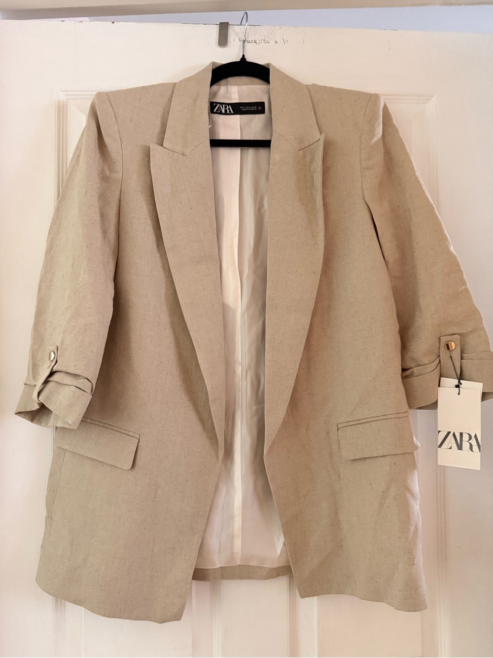 NEW! Zara Roll Up Sleeve Open Front Blazer - Light Beige - Size S